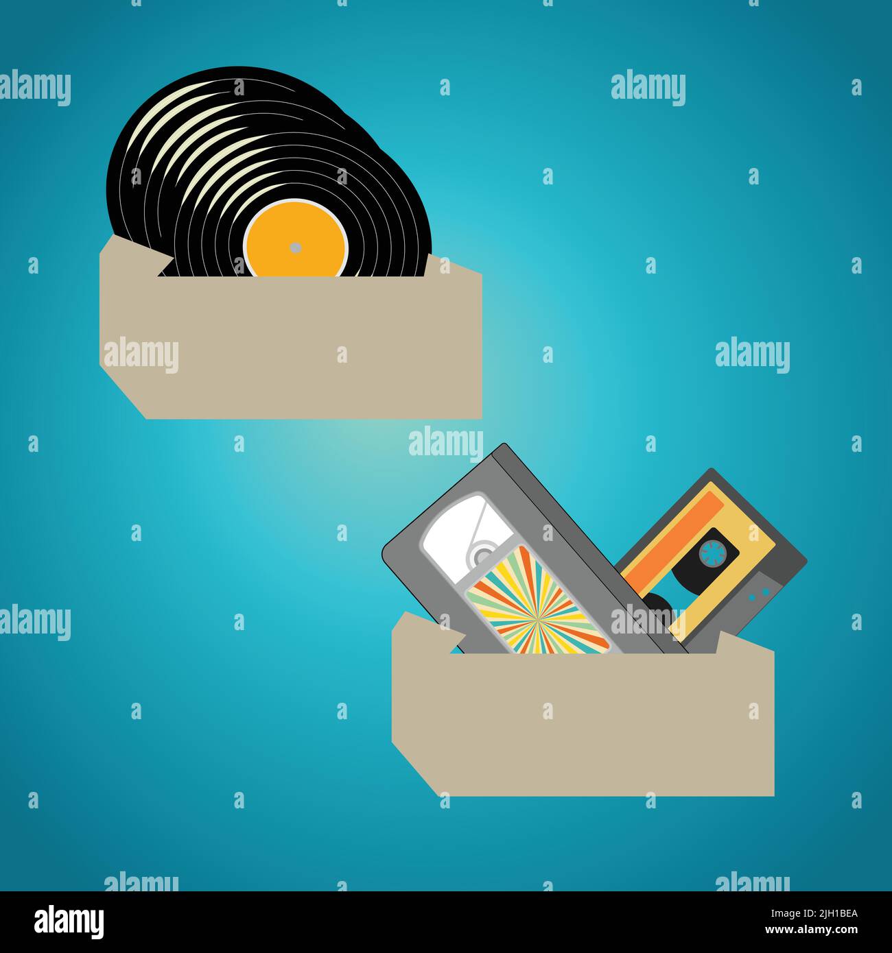 Two boxes one with vinyl audio records and the second with audio and video cassettes Stock Vector