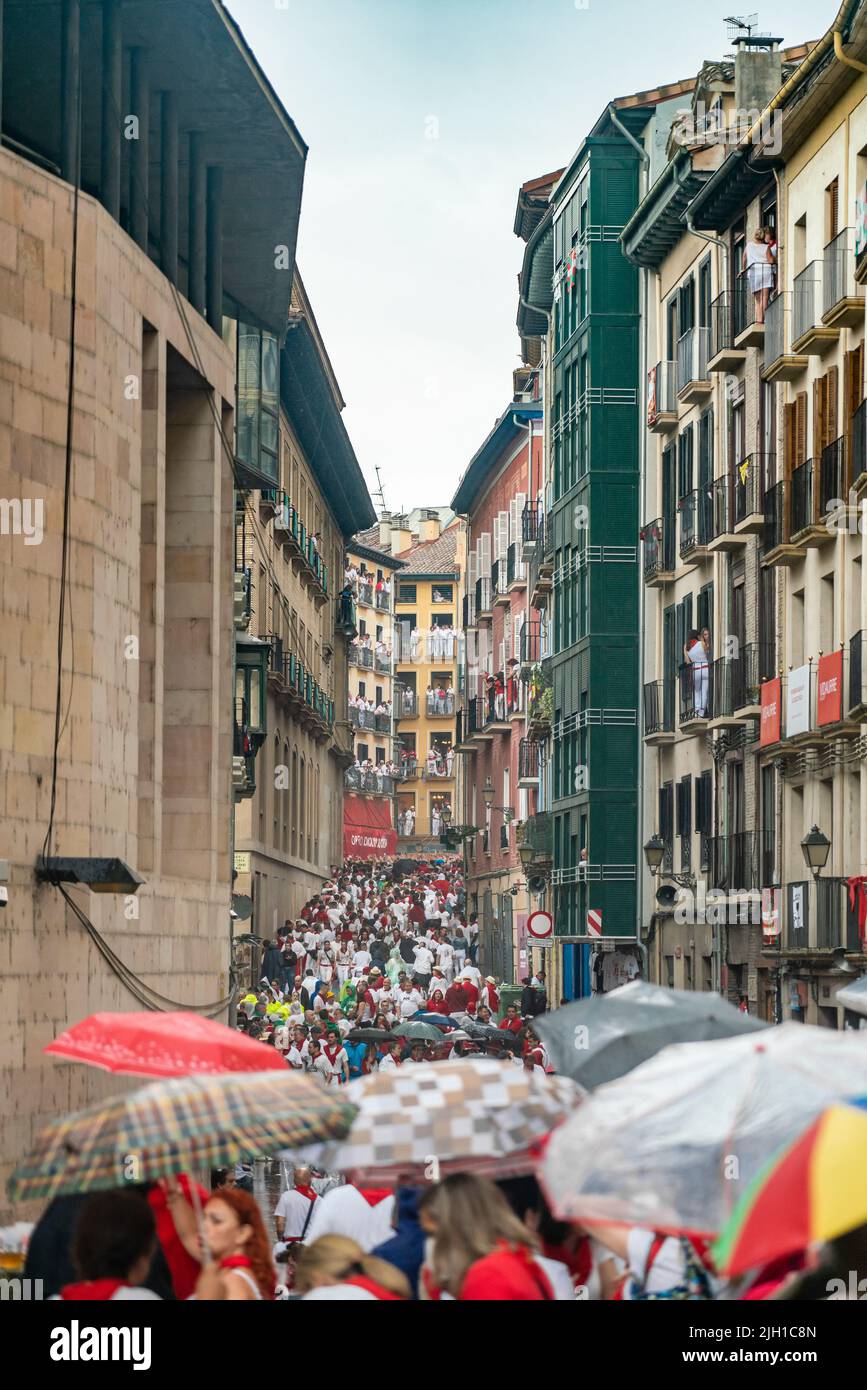 Pamplona, SPAIN - July 06 2022: Streets of Pamplona at the start of San