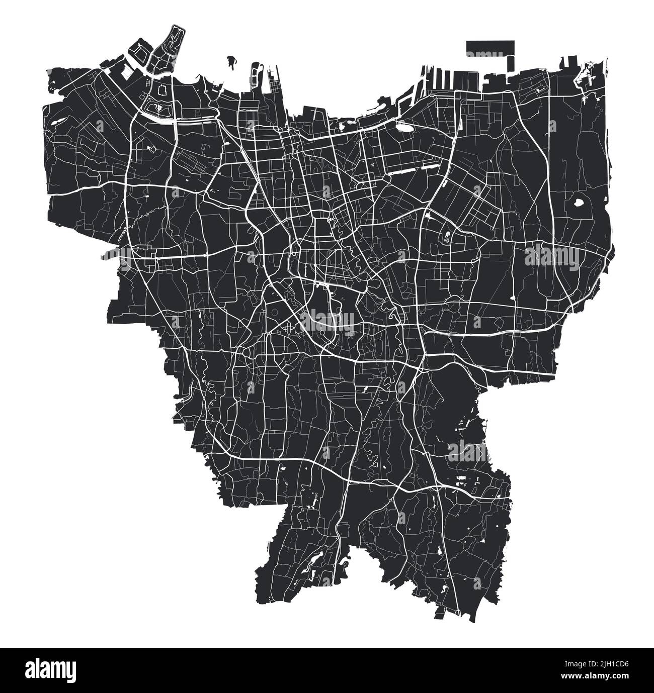 Jakarta vector map. Detailed vector map of Jakarta city administrative area. Cityscape poster metropolitan aria view. Black land with white streets, r Stock Vector