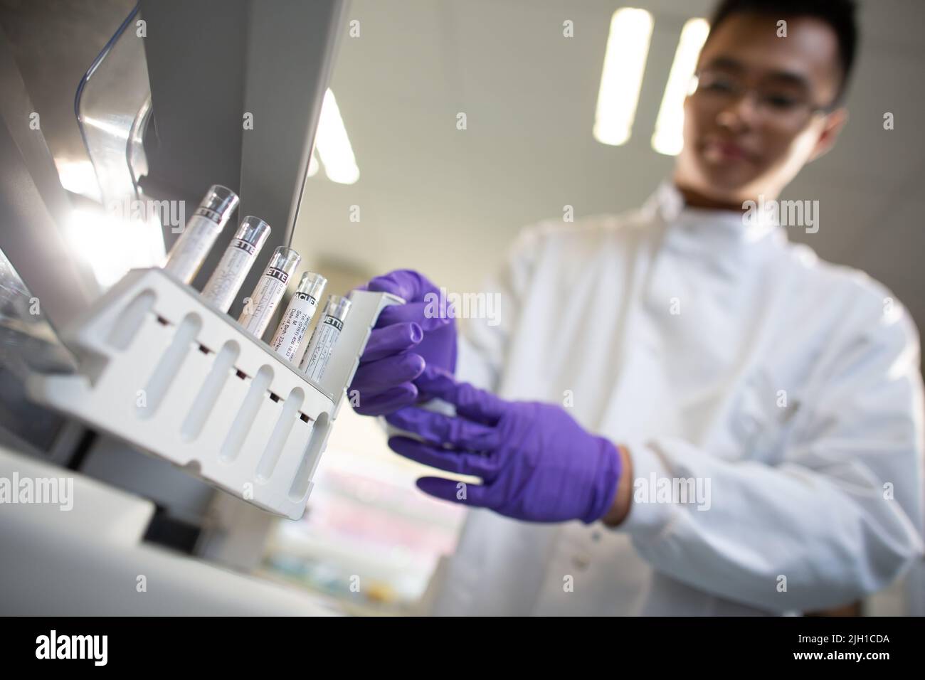 Pictures from inside a lab of staff with marked test tubes and petri
