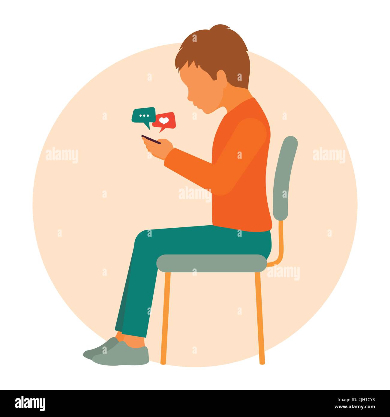 Children with smartphones illustration. Cartoon boy using phones for texting, surfing internet or using social media Stock Vector