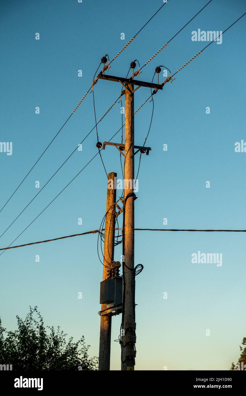 National Grid,Rural,Power,Supply,Pole,Transformer,Distribution,Network,Wiltshire,England,UK Stock Photo