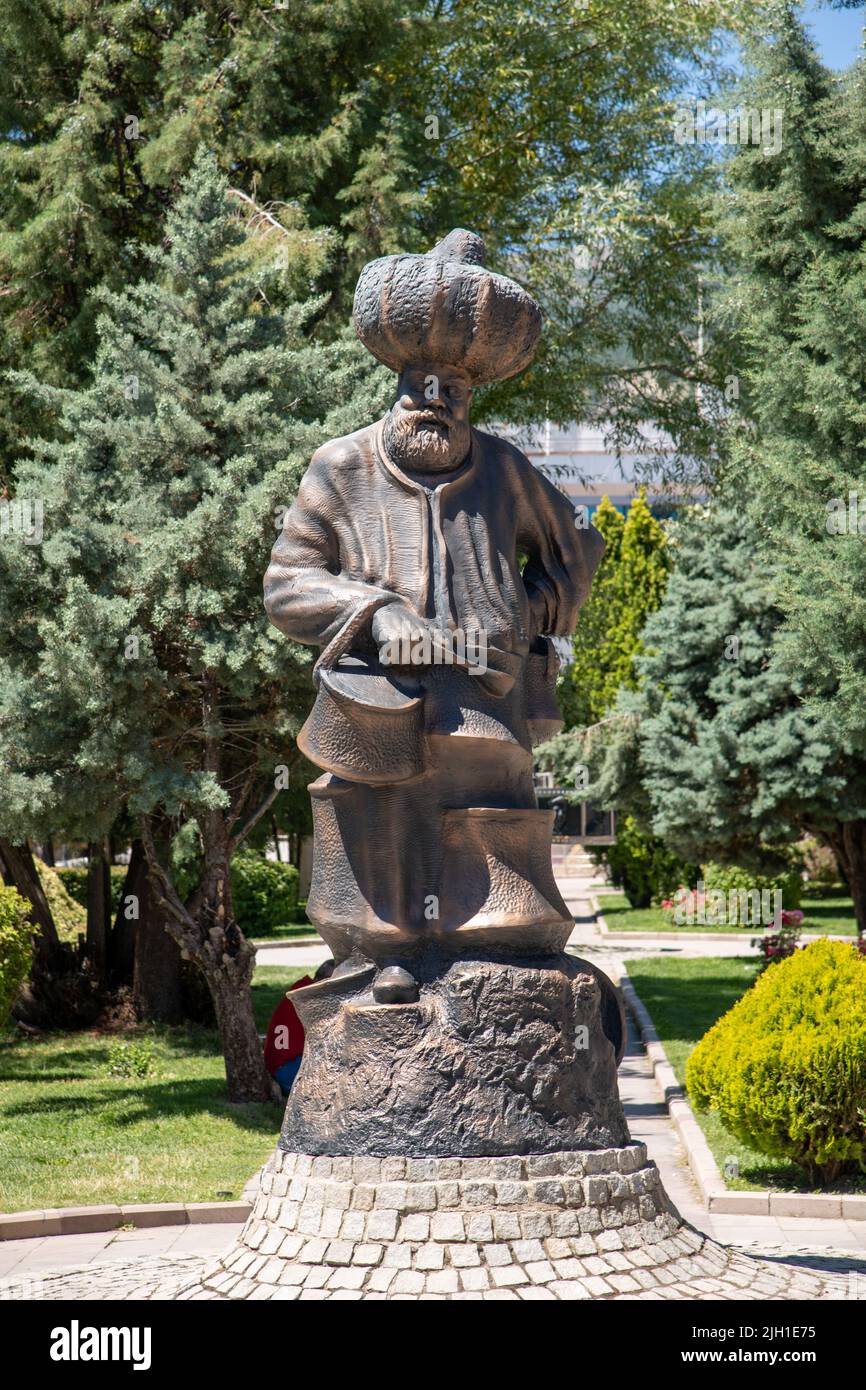 Aksehir, Turkey - July 04, 2022: The modern monument of the national hero Hoca Nasreddin and Aksehir city square Stock Photo