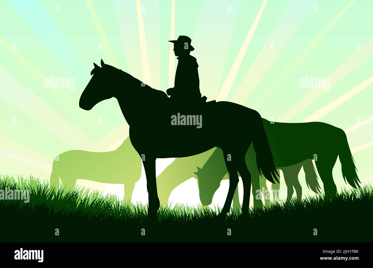 Shepherd grazes horses in pasture. Picture silhouette. Farm pets. Animals domestic traditional. On background sunrise. Vector Stock Vector