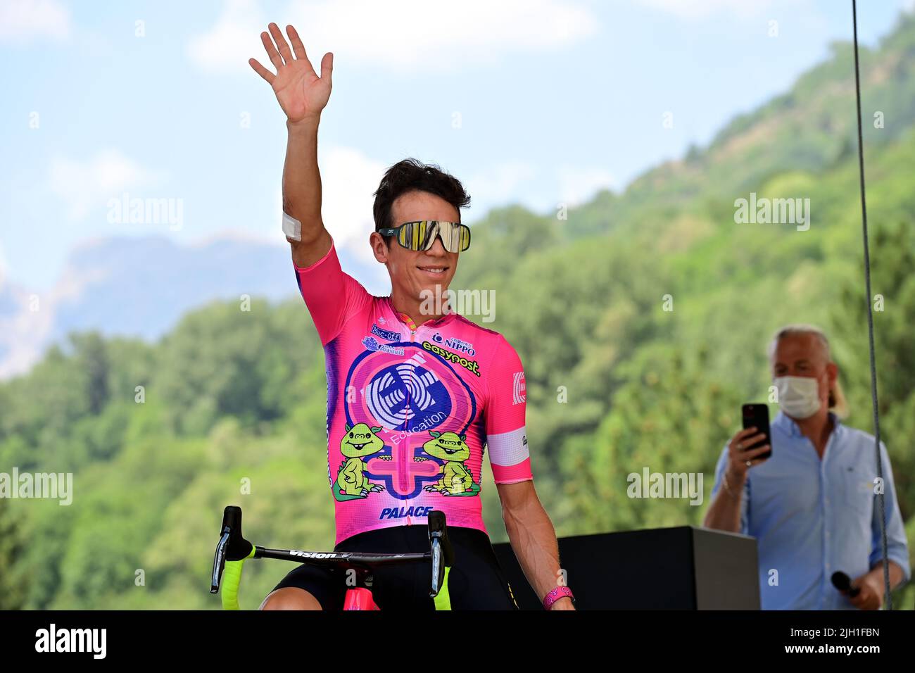 Huez, France, 14th July 2022. Rigoberto Uran of Colombia and EF Education-Easypost looks on during Stage 12 of the Tour De France, Briancon to Alpe d’Huez. Credit: Pete Goding/Alamy Live News Stock Photo