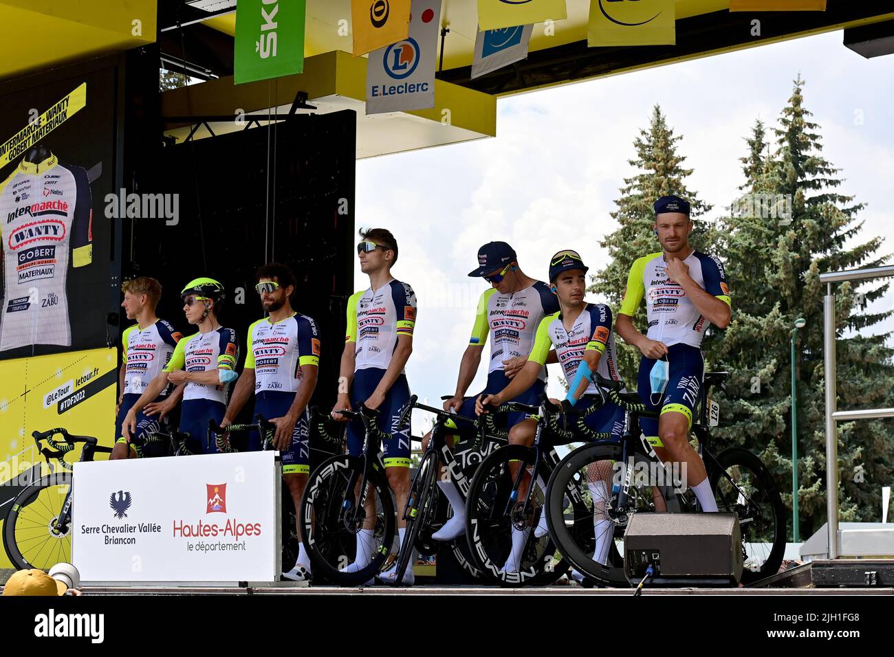 Huez, France, 14th July 2022. Team Intermarche-Wanty-Gobert Materiaux seen during Stage 12 of the Tour De France, Briancon to Alpe d’Huez. Credit: Pete Goding/Alamy Live News Stock Photo