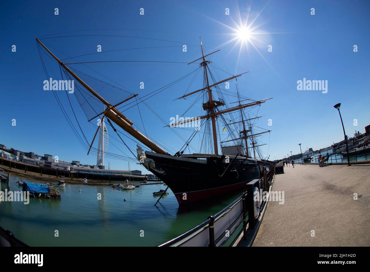 Quay, fish eye,lens,HMS Warrior,The National Museum,Heritage,Portsmouth,Naval,Dockyard,Docks,Hampshire, Stock Photo