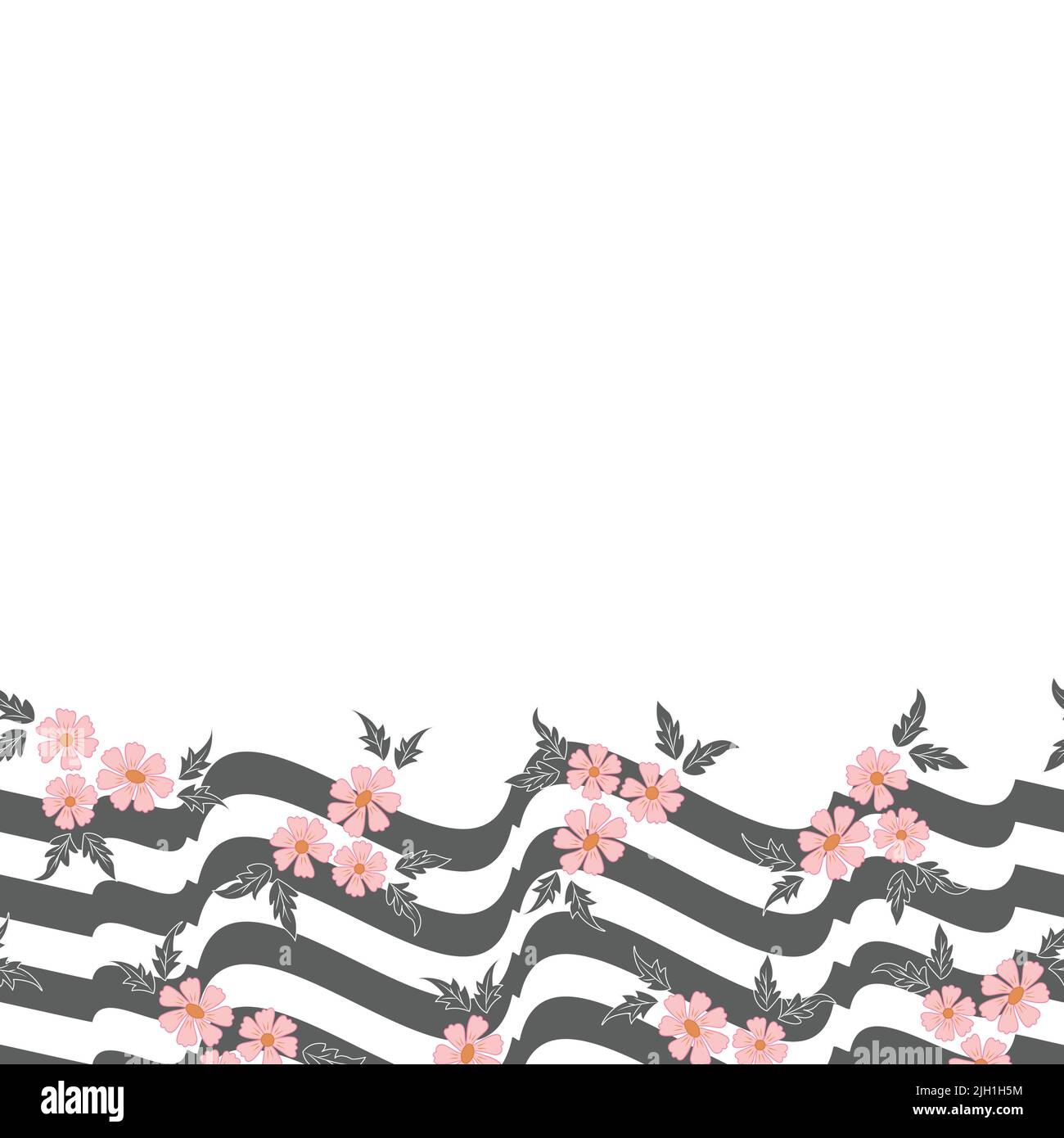 Vector pink flowers with grey white wavy zigzag stripes horizontal border pattern background Stock Vector