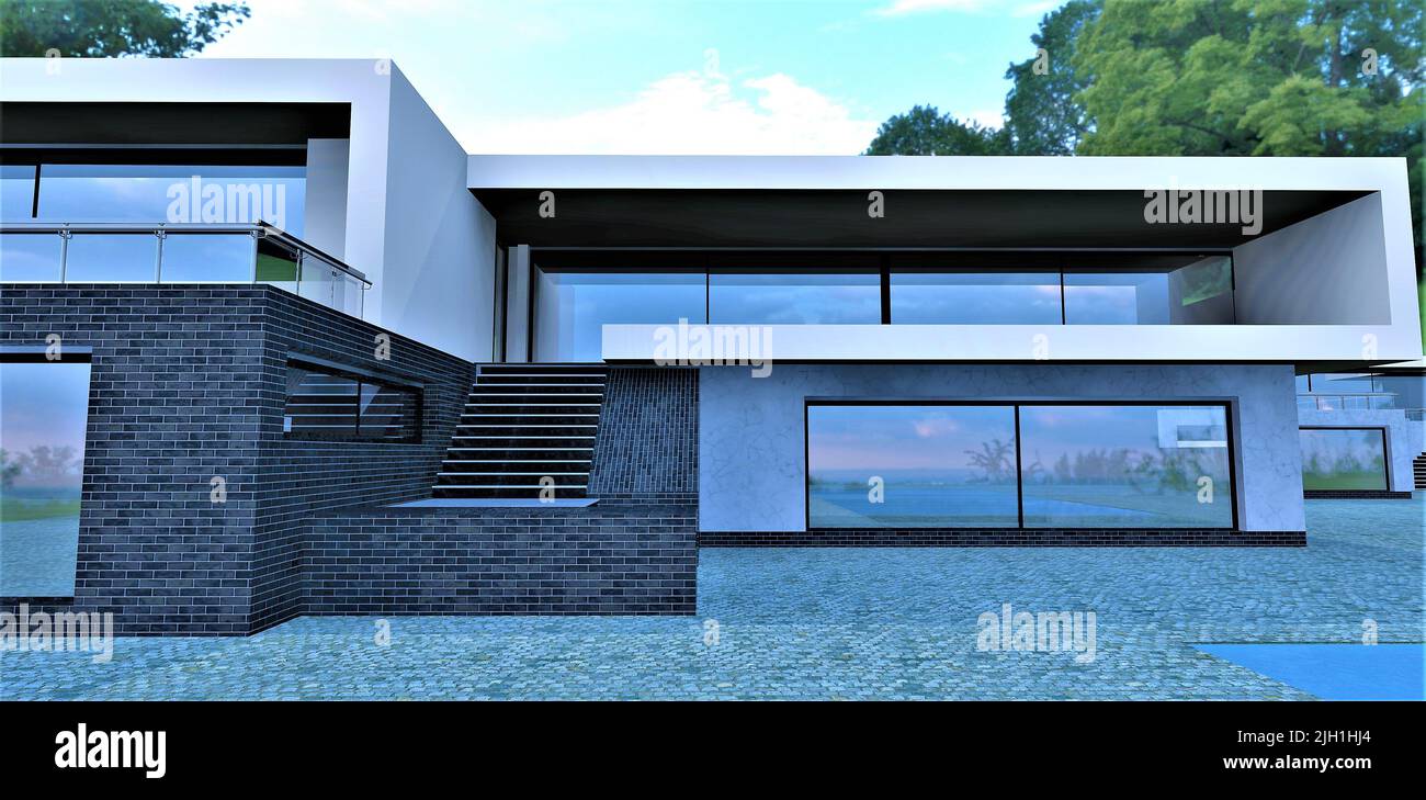 Black brick stair case finishing. Gray marble exterior. High  tech contemporary house under green trees. 3d render. Good idea for real estate banner. Stock Photo