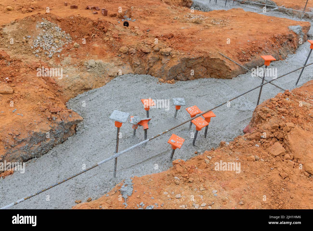 Reinforcement of the reinforced concrete structure with a strip foundation frame Stock Photo