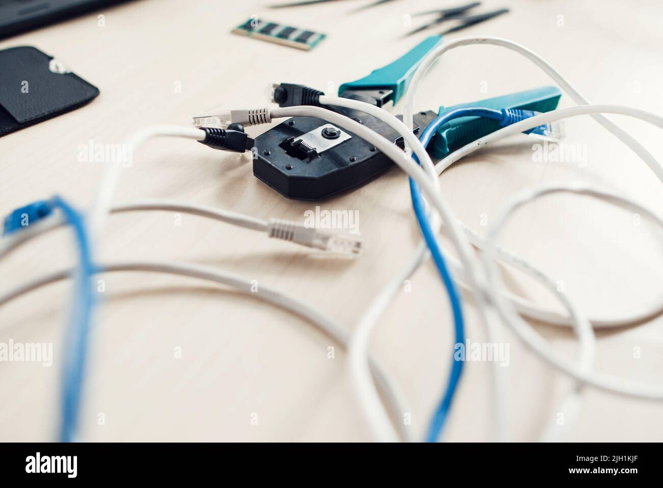Forceps for crimping modular plug with cables Stock Photo