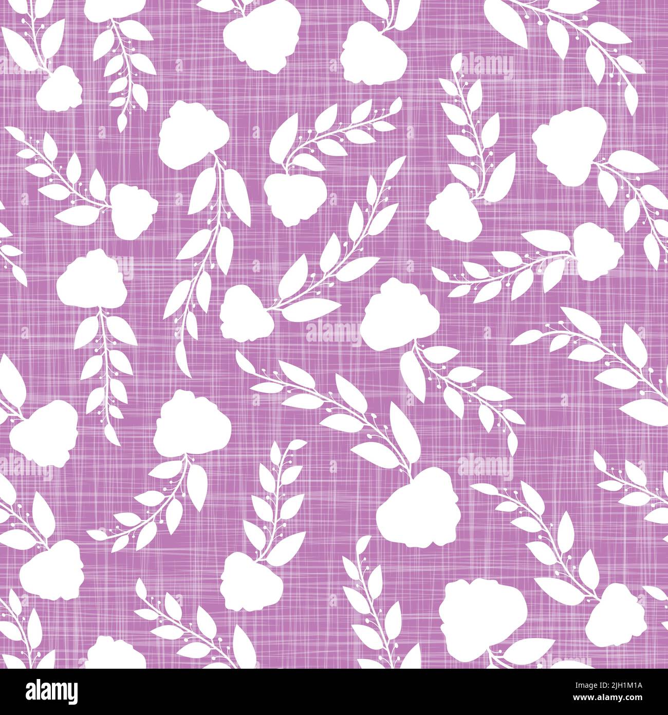 Lilac fabric floral branches silhouettes with white textured vector repeat pattern background Stock Vector