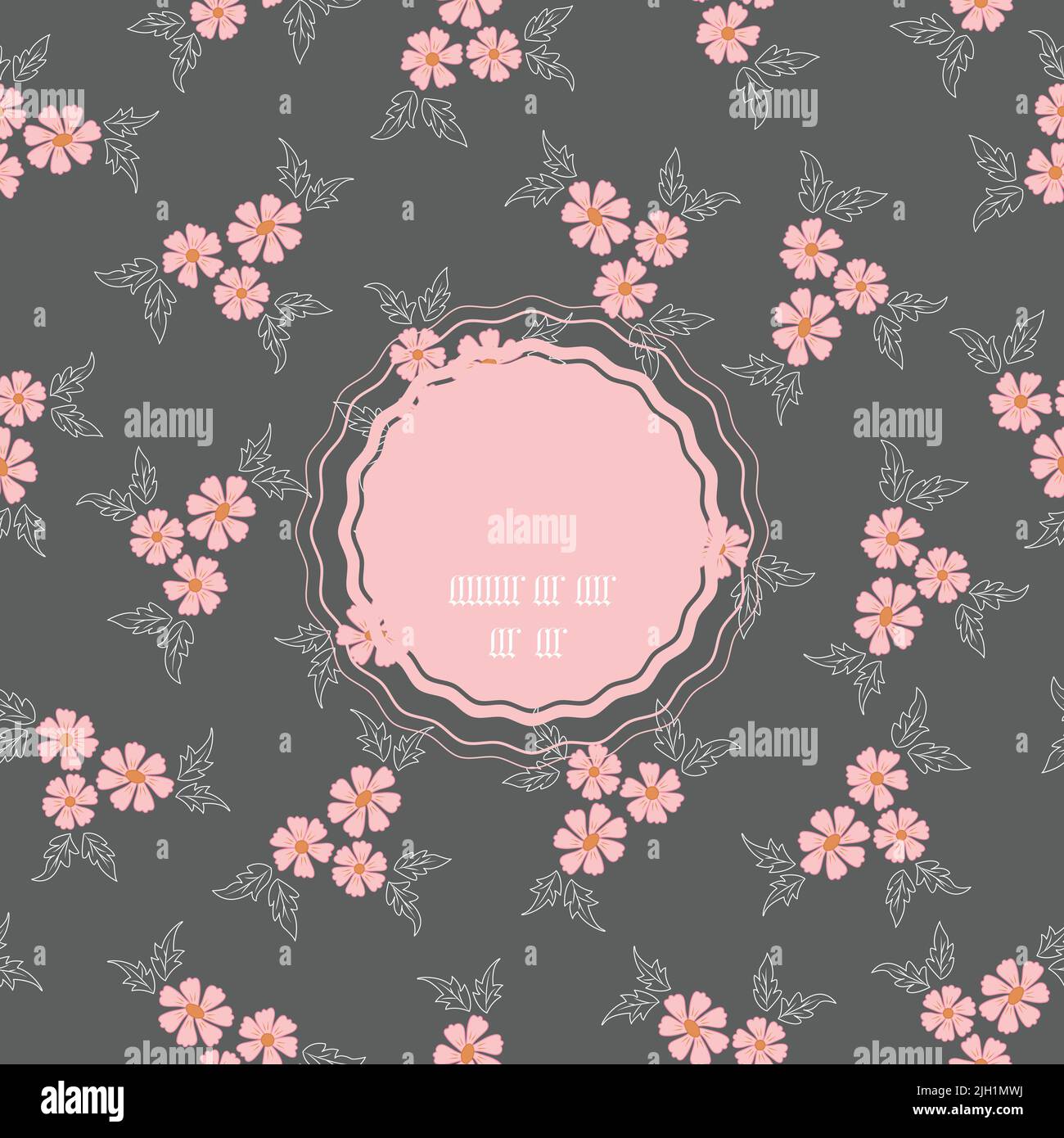 Vector pink floral bouquets with dark grey background frame seamless pattern  with hand drawn elements Stock Vector