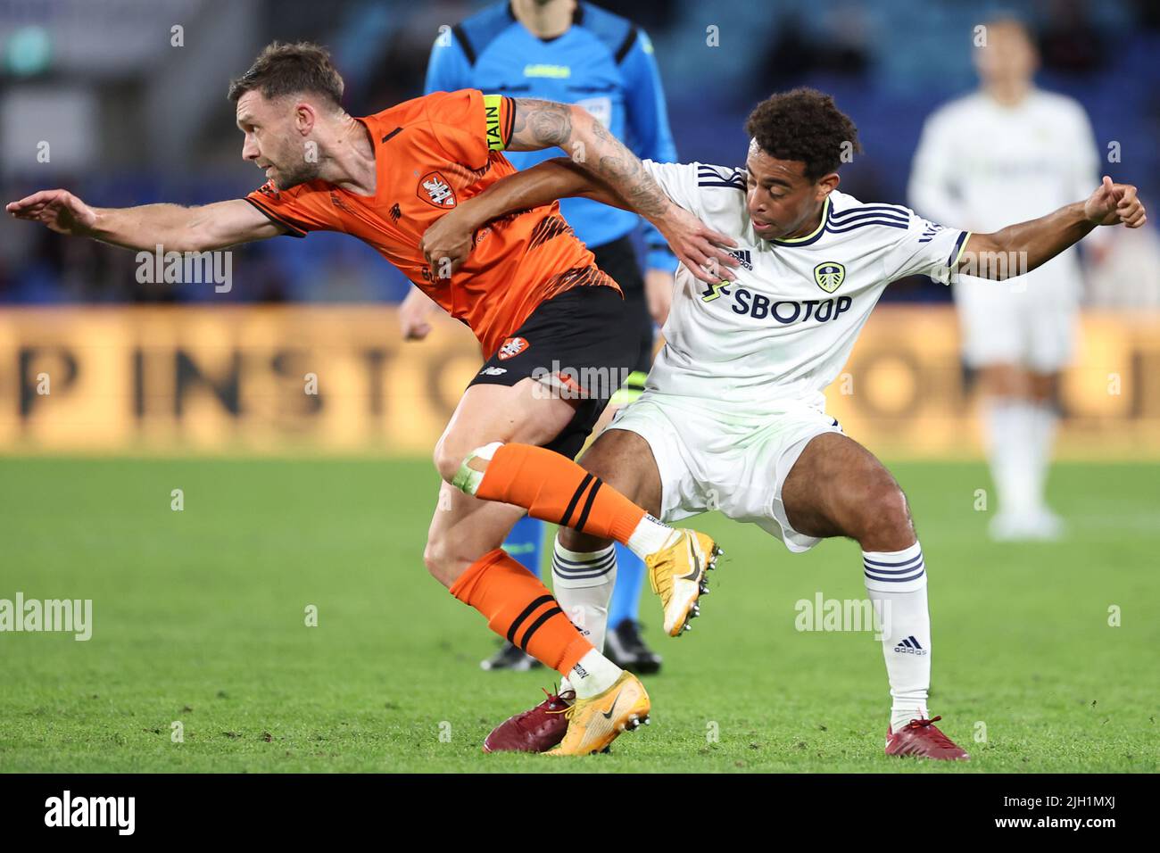 Robina, Australia. 12th June, 2022. Tyler Adams of Leeds United is seen tacking Jay O'Shea of the Brisbane Roar in Robina, Australia on 6/12/2022. (Photo by Patrick Hoelscher/News Images/Sipa USA) Credit: Sipa USA/Alamy Live News Stock Photo