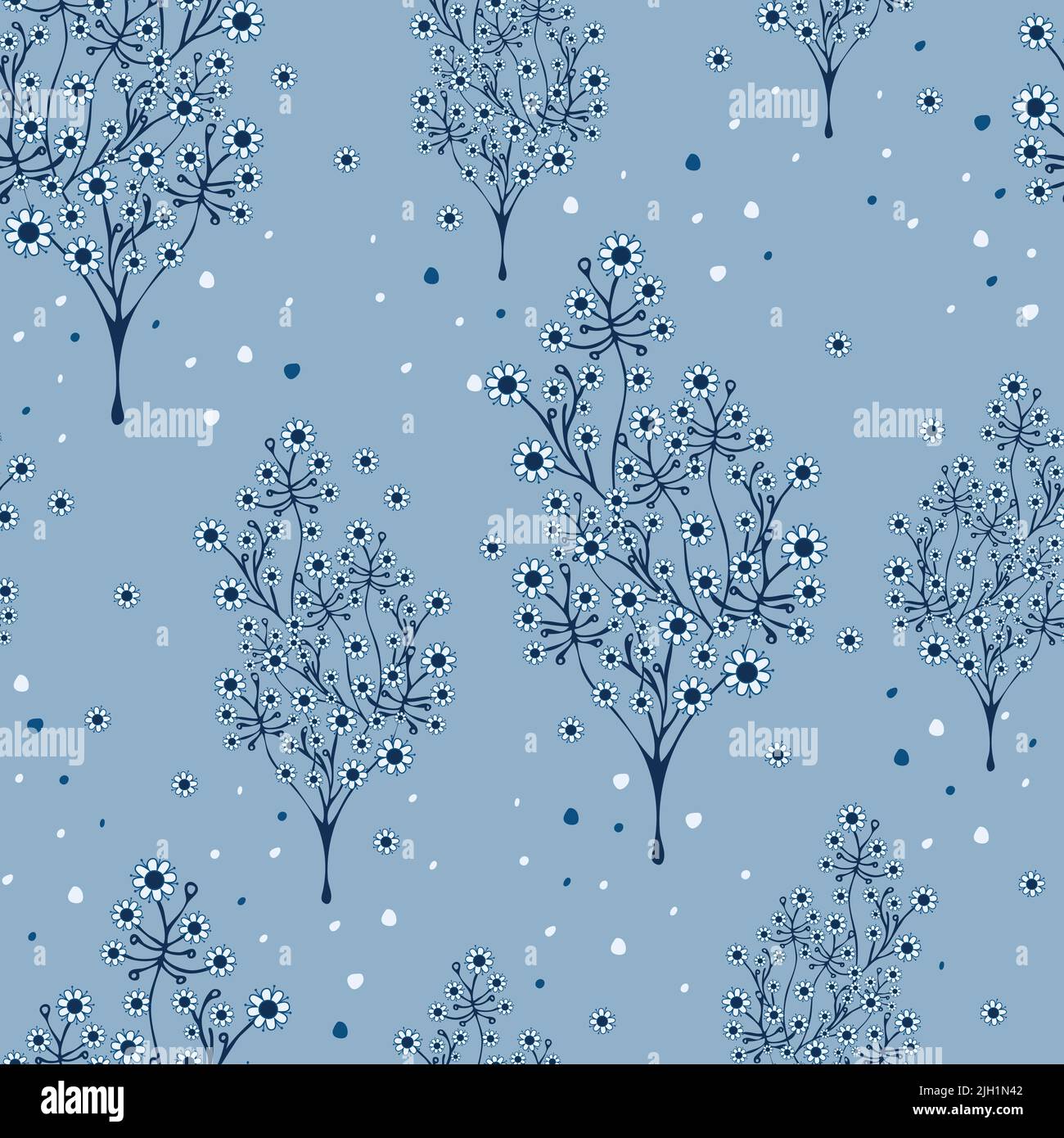 Seamless vector pattern with blooming blue trees. Beautiful forest background.  Winter wallpaper design. Stock Vector