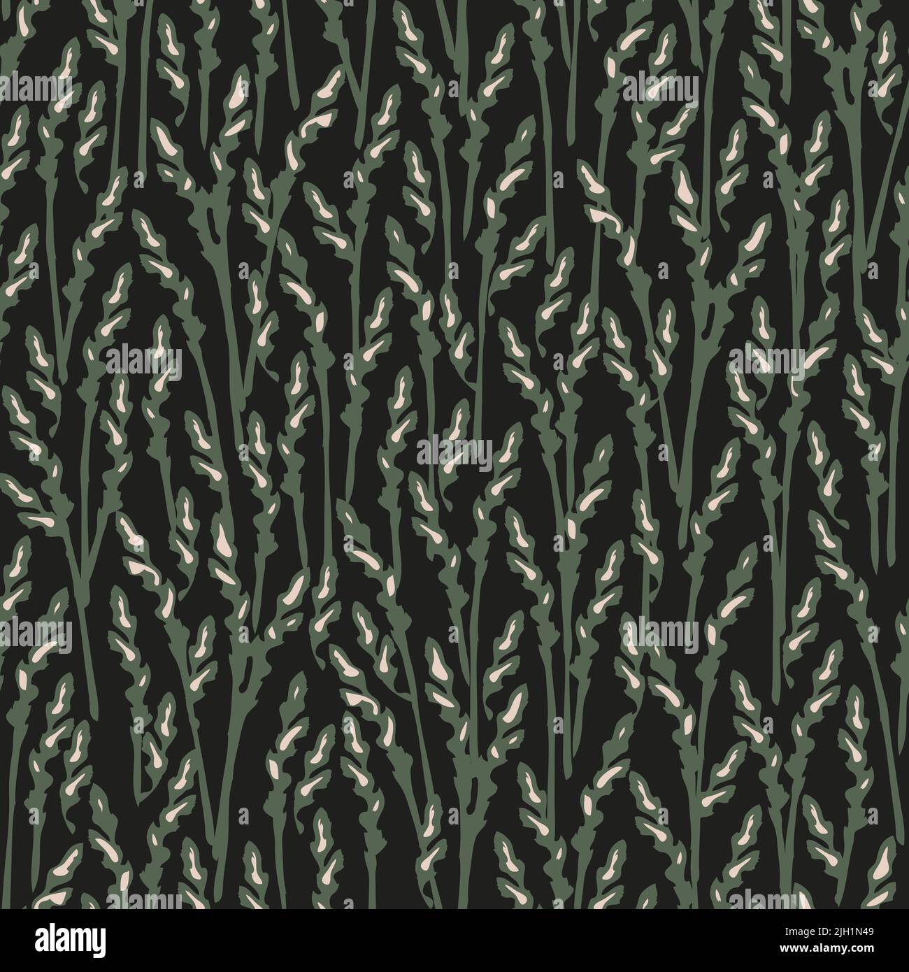Seamless vector pattern with grass meadow on black background. Decorative rye texture wallpaper design. Grain field fashion textile. Stock Vector