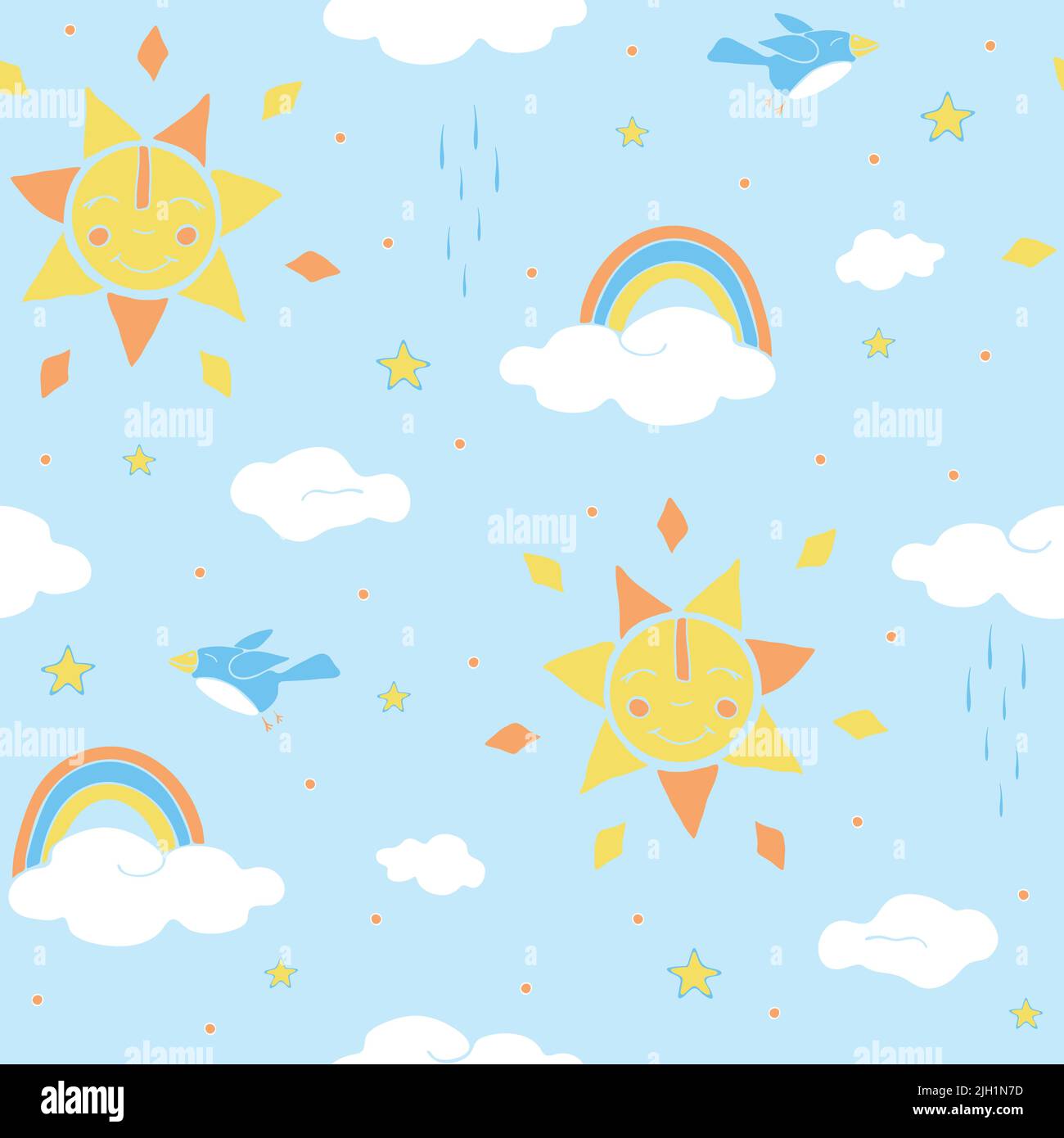 Seamless vector pattern with happy sun and clouds on blue background ...
