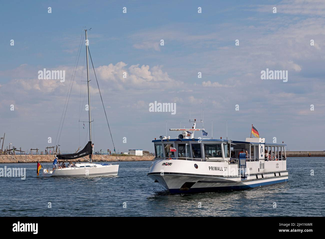 Sailing boat, foot passenger ferry, Priwall, Travemünde, Lübeck, Schleswig-Holstein, Germany Stock Photo