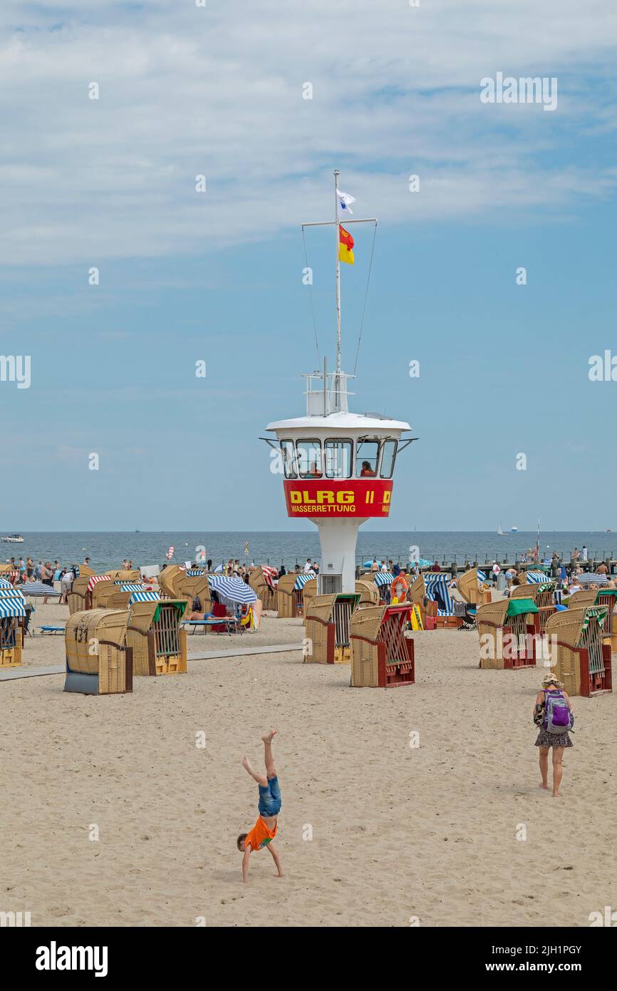 Lifeguard tower, beach chairs, beach, Travemünde, Lübeck, Schleswig-Holstein, Germany Stock Photo