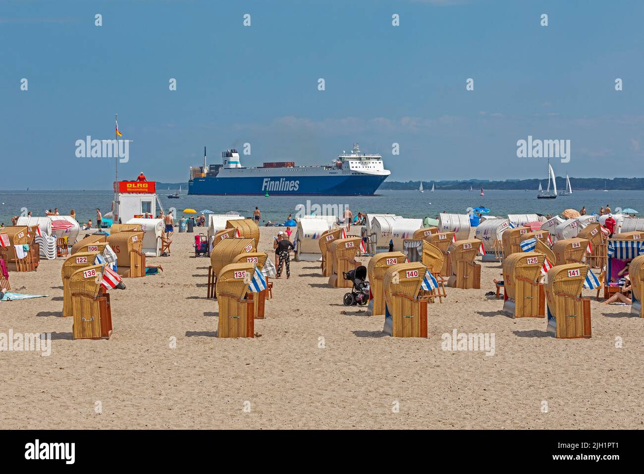 Lifeguard tower, beach chairs, Finnlines Ferry, beach, Travemünde, Lübeck, Schleswig-Holstein, Germany Stock Photo