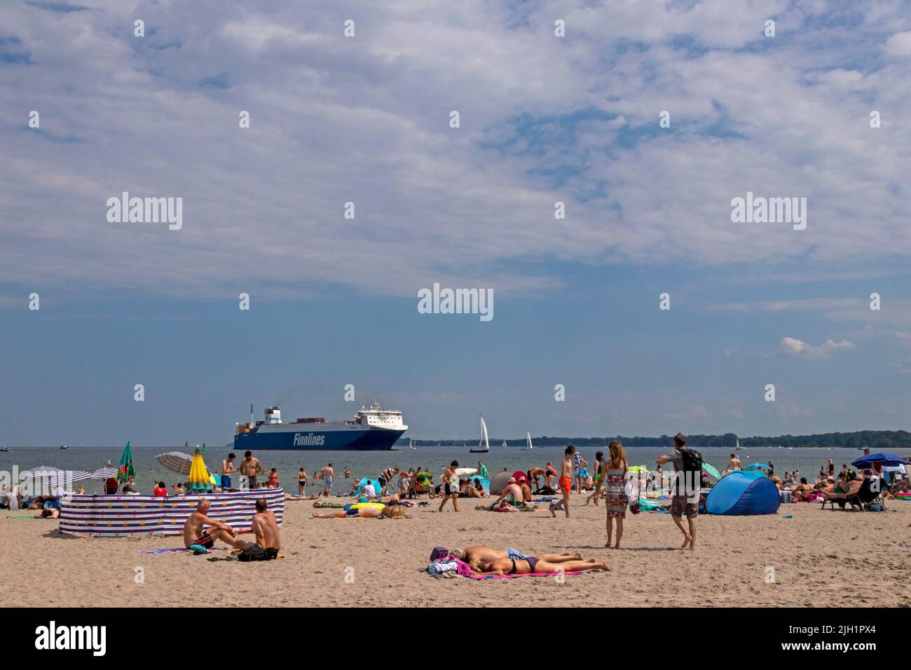 Parasols, beach shades, Finnlines Ferry, beach, Travemünde, Lübeck, Schleswig-Holstein, Germany Stock Photo