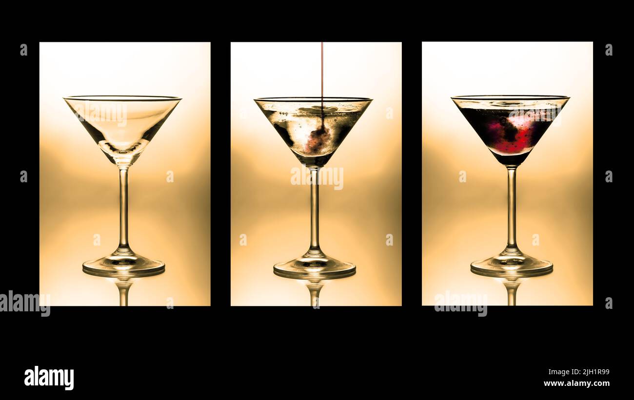 Cocktail triptych. Three glasses showing stages of pouring a cocktail. Stock Photo