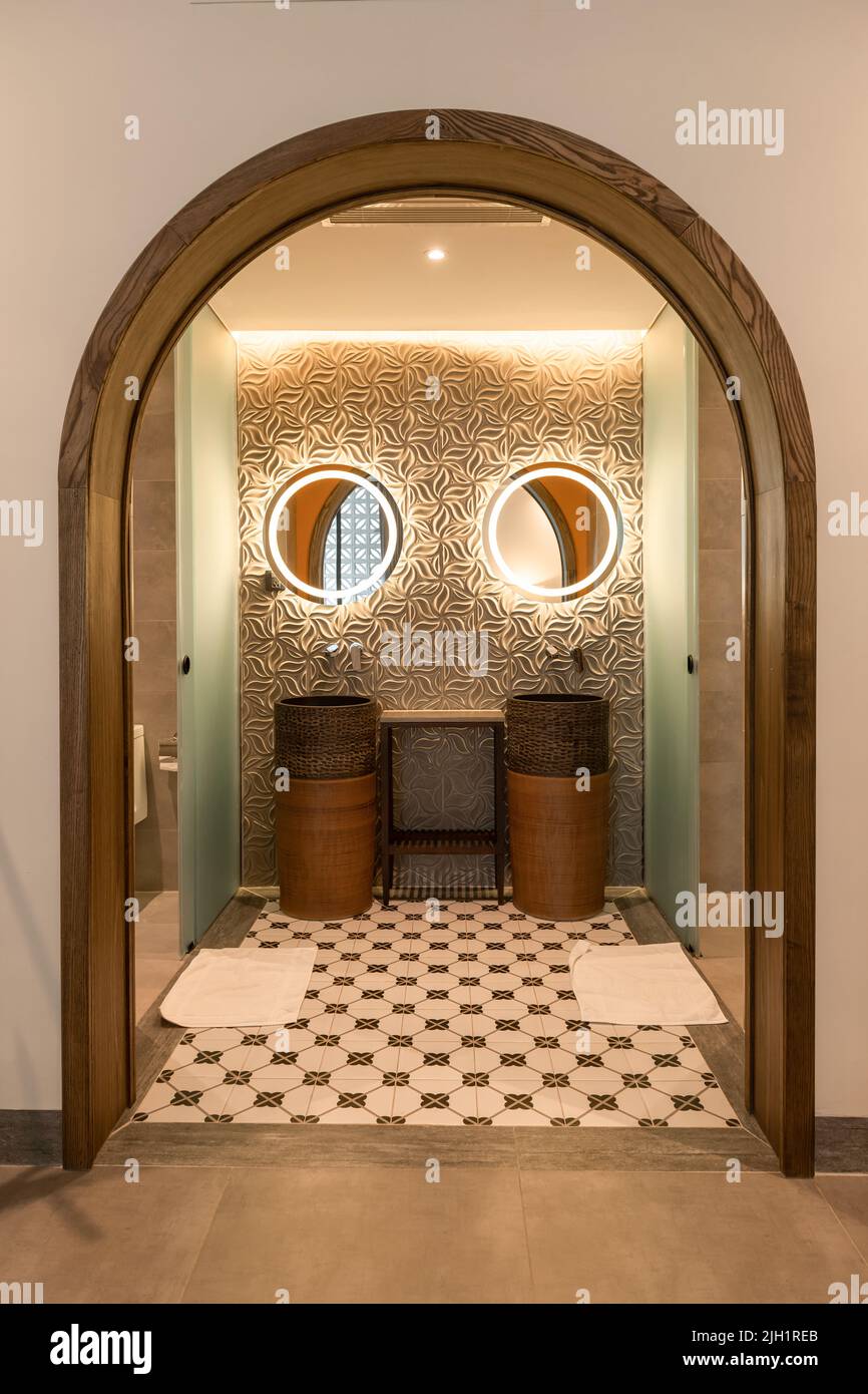 Modern tiled bathroom in beige and brown warm colors Stock Photo