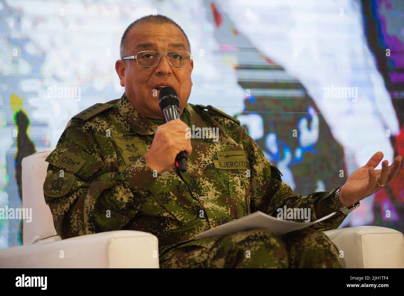 Colombia's armed forces army General Luis Fernando Navarro speaks during Colombia's defense ministry final report of accountabilities before governmen Stock Photo