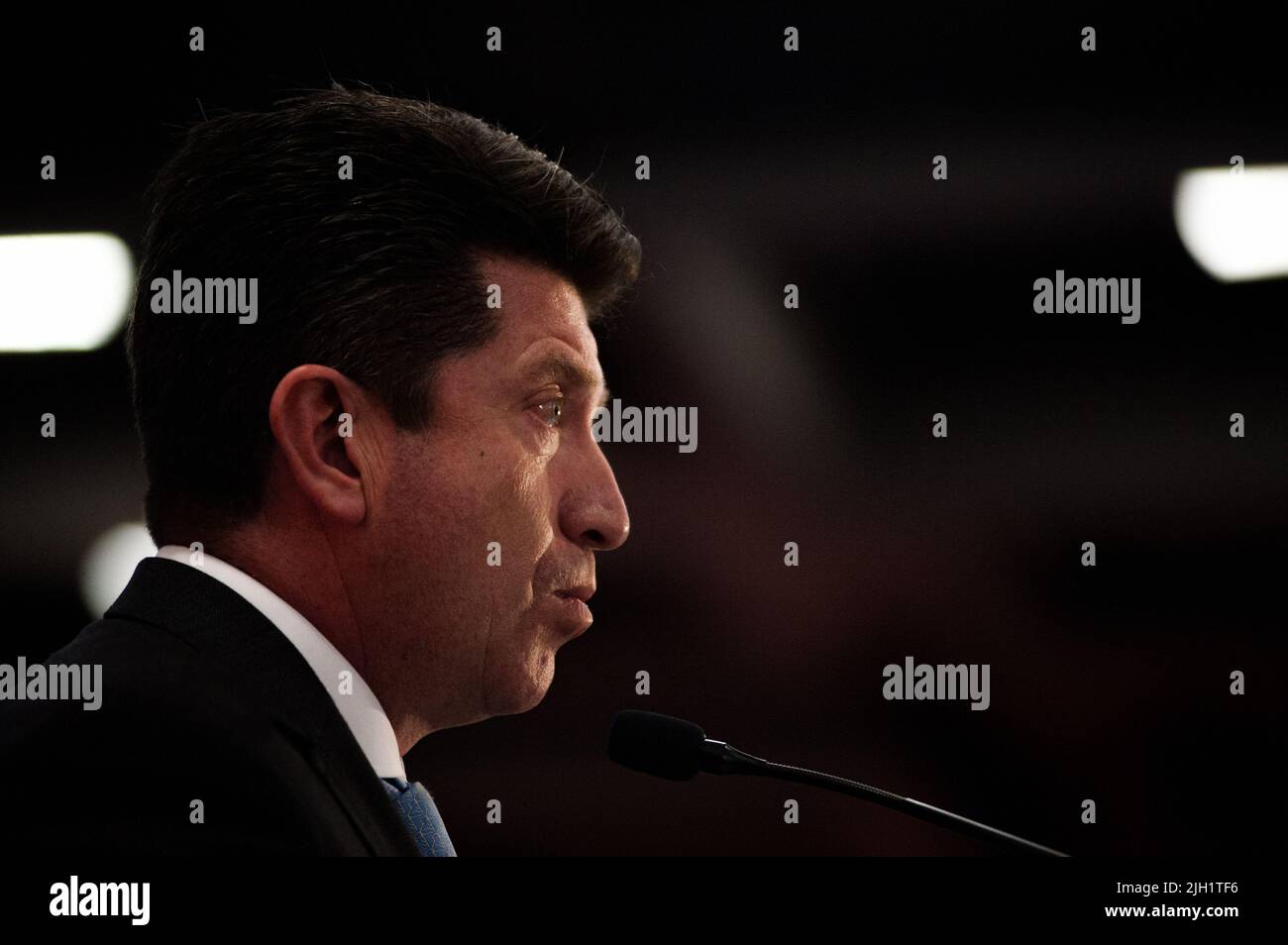 Colombia's minister of Defense Diego Molano speaks during Colombia's defense ministry final report of accountabilities before government transition to Stock Photo