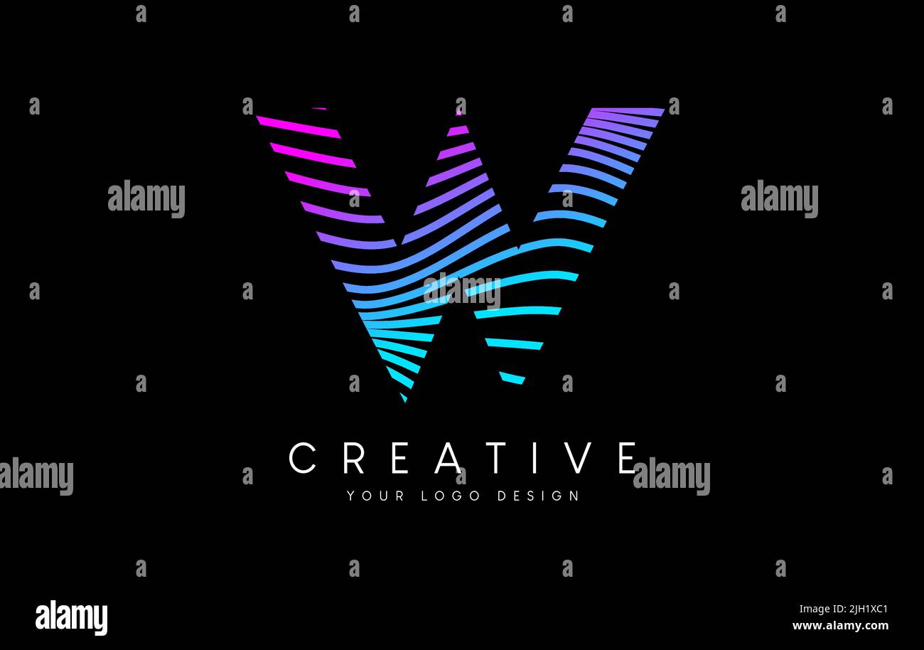 Warp Zebra Lines Letter W logo Design with Neon Purple Lines and Creative Icon Vector. Relief Lines Letter Logo Illustration. Stock Vector