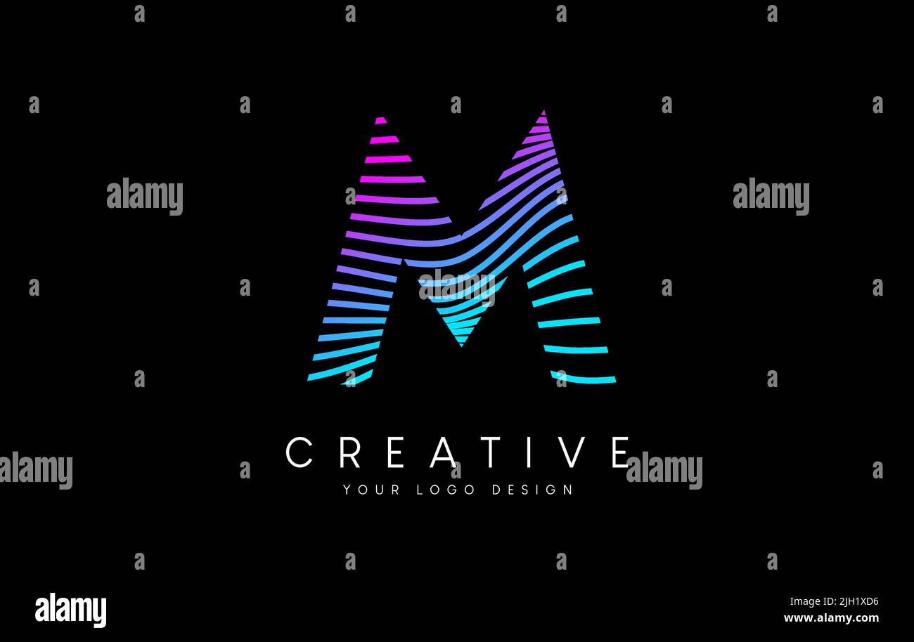 Warp Zebra Lines Letter M logo Design with Neon Purple and Creative ...