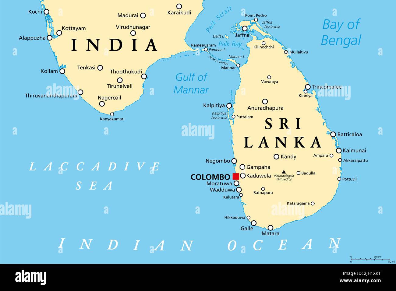 Sri Lanka and part of Southern India, political map. Democratic Socialist Republic of Sri Lanka, formerly Ceylon, island country in South Asia. Stock Photo