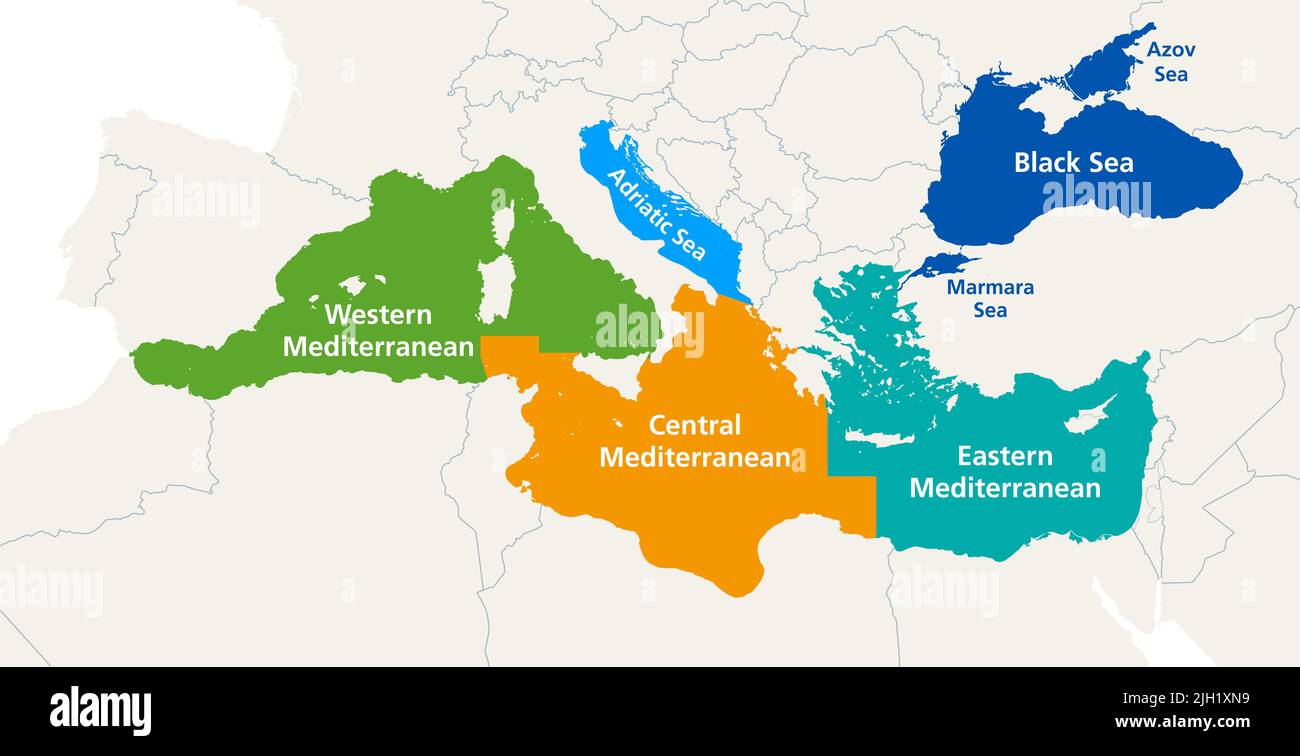 Mediterranean Sea and the Black Sea marine waters, political map. Geographic subregions for fisheries and aquaculture management. Stock Photo