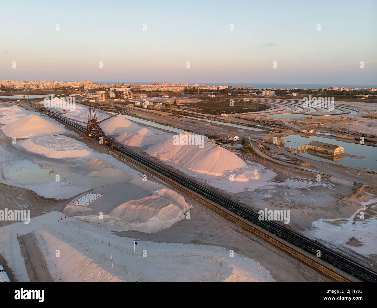 An aerial view of heap of salt at Las Salinas salt factory in