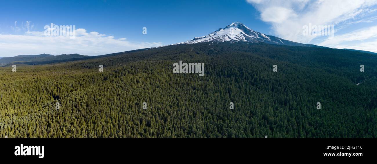 Mt. Hood rises from surrounding forest in Oregon, not far from Portland. This impressive mountain is a potentially active stratovolcano. Stock Photo