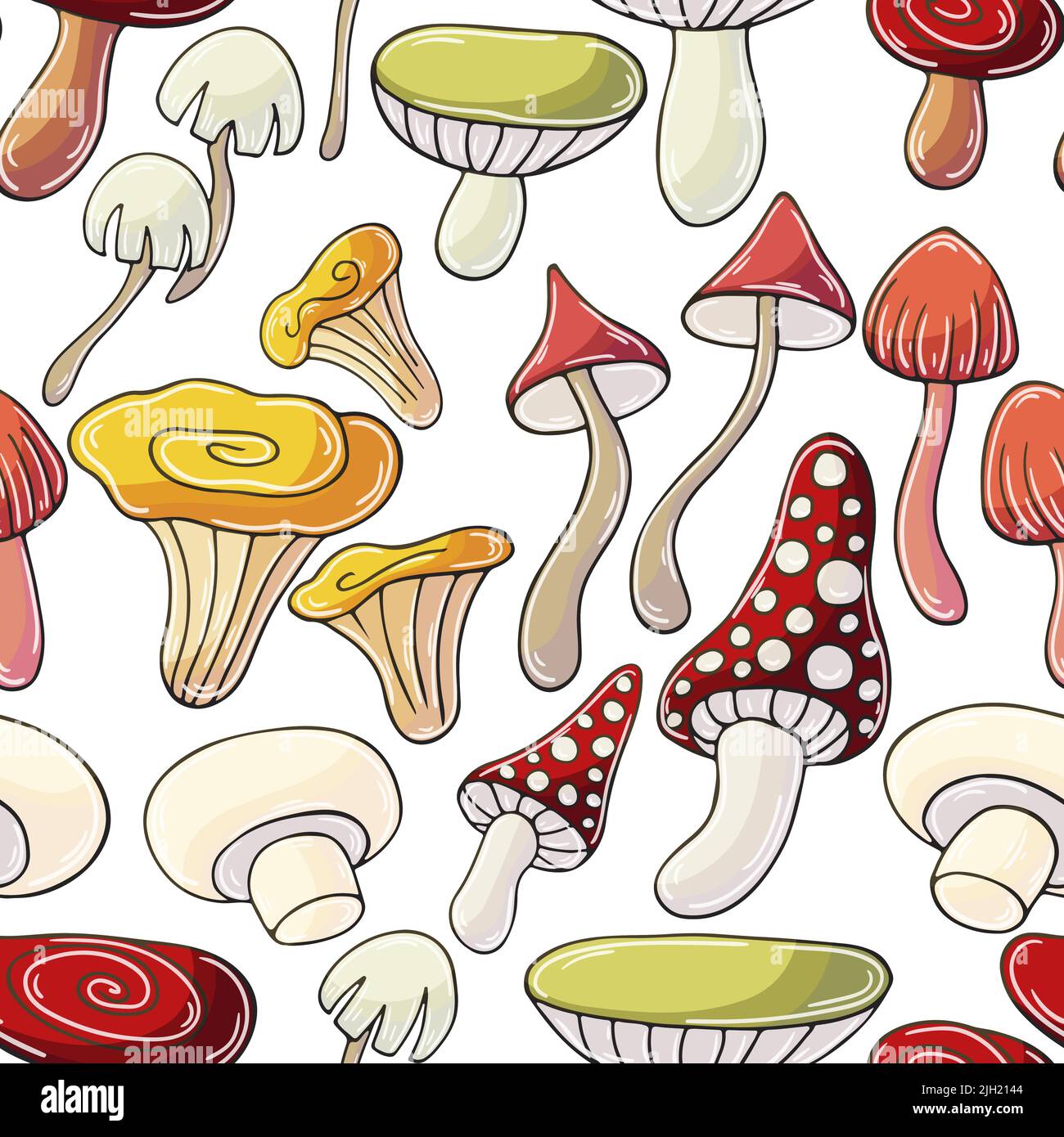 Mushroom autumn mood. Illustration in hand draw style. Seamless pattern with forest mushrooms. Can be used for fabric, packaging, wrapping and etc Stock Vector
