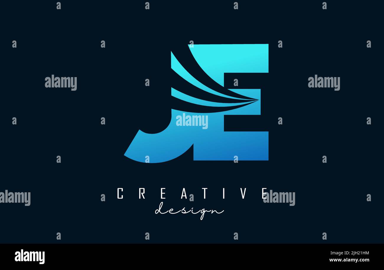 Creative blue letter JE J e logo with leading lines and road concept ...