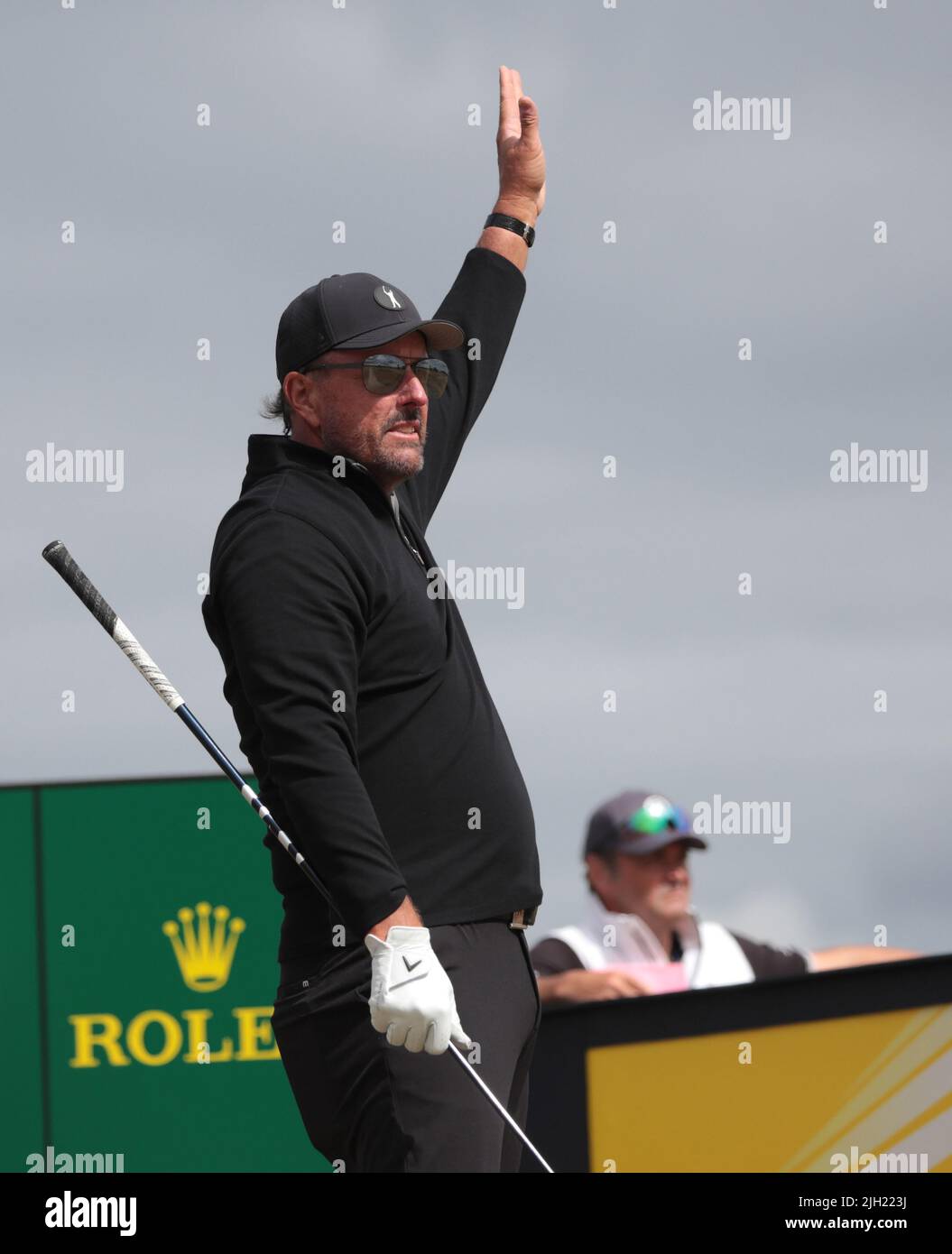 St.Andrews, UK. 14th July, 2022. American Phil Mickelson reacts after his shot on the 16th tee at the 150th Open Championship at St Andrews Golf Club in St Andrews, Scotland on Thursday, July 14, 2022. Photo by Hugo Philpott/UPI Credit: UPI/Alamy Live News Stock Photo