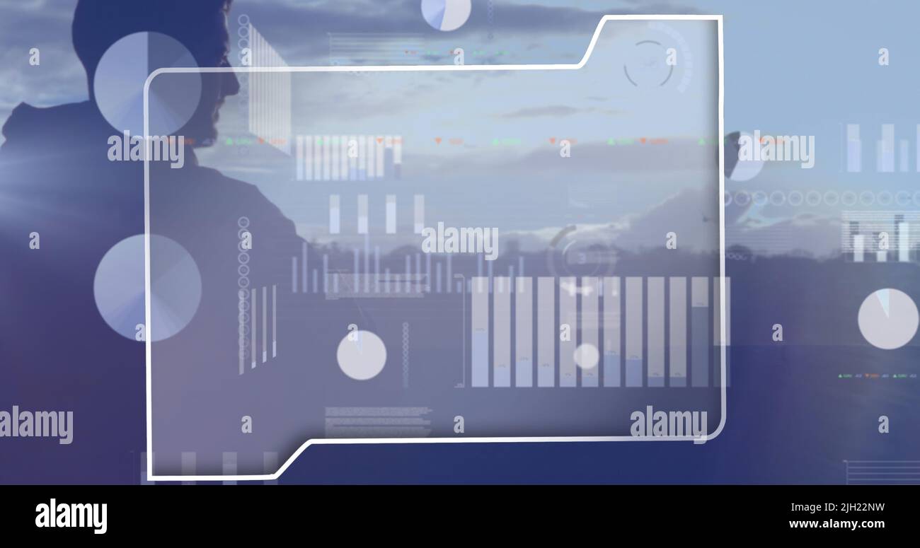 Image of data processing over caucasian man and landscape Stock Photo