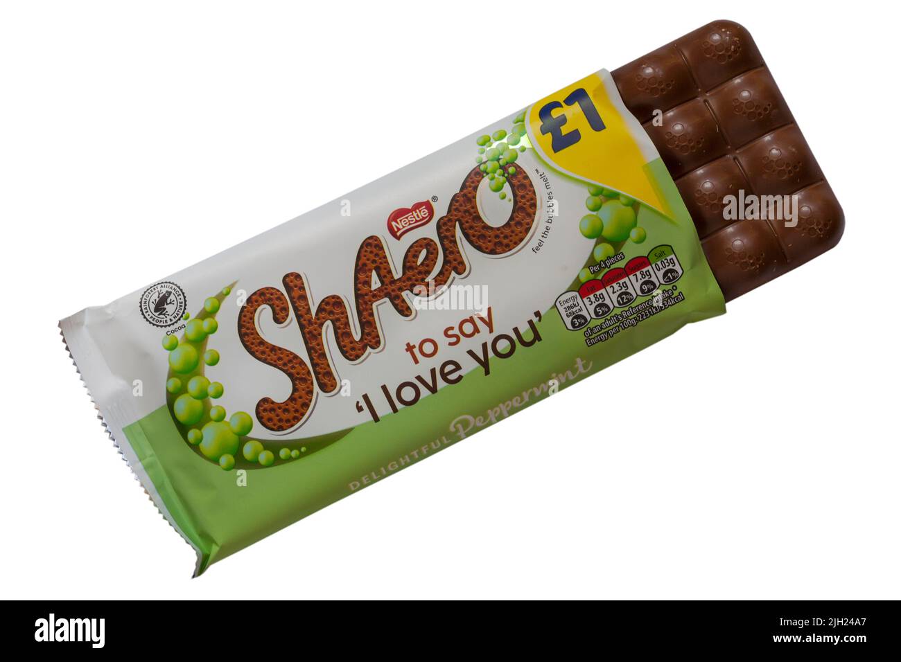 bar of Nestle Peppermint aero chocolate bar ShAero to say I Love You opened to show contents isolated on white background - delightful peppermint Stock Photo
