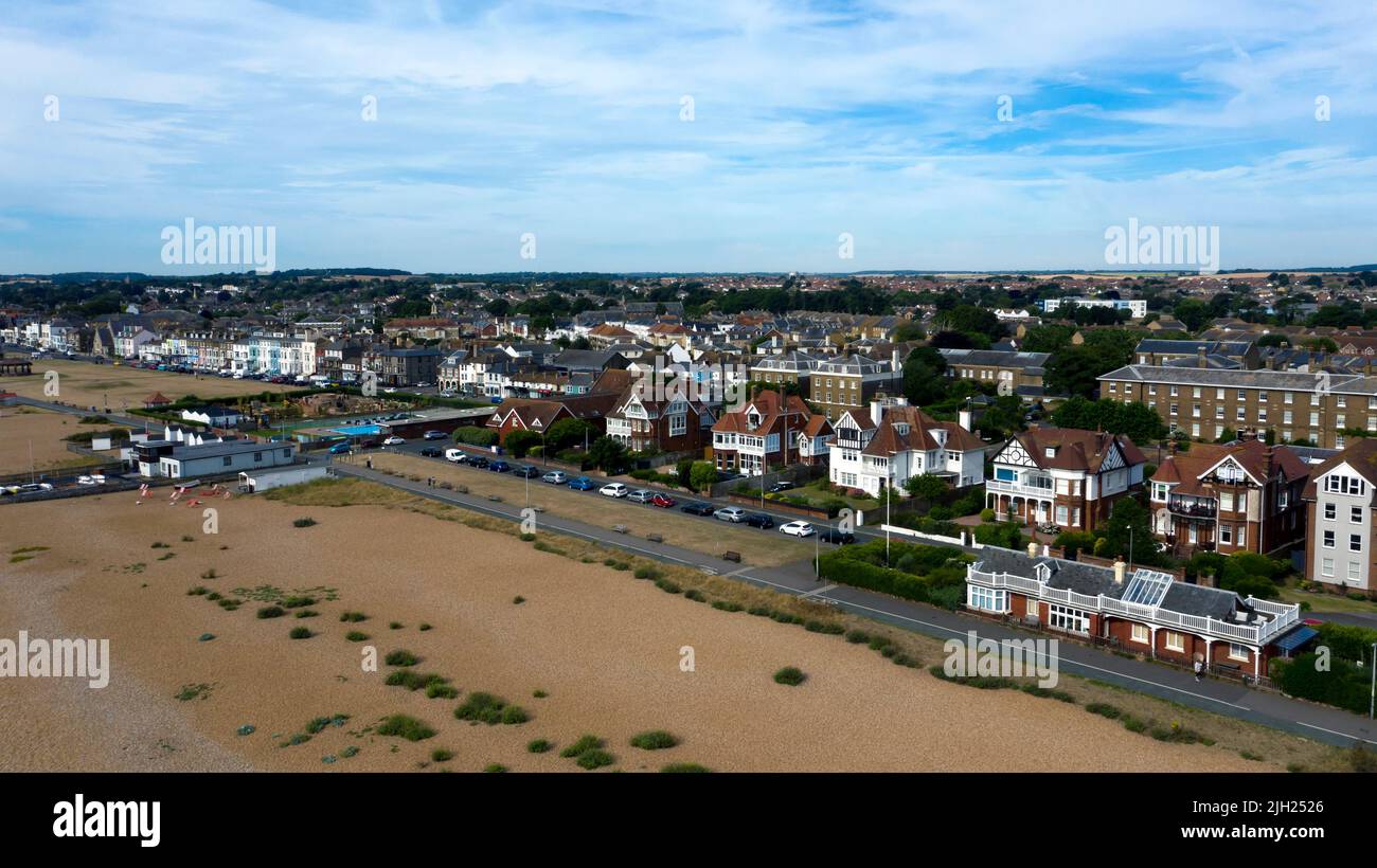 Arial view looking down the Promenade towards Walmer Paddling Pool and the New  Crazy Golf Course. Stock Photo