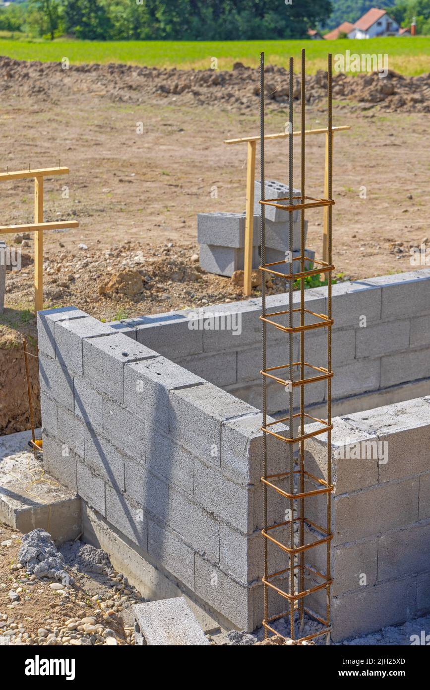 Concrete Blocks With Rebar House Foundation Construction Site Stock