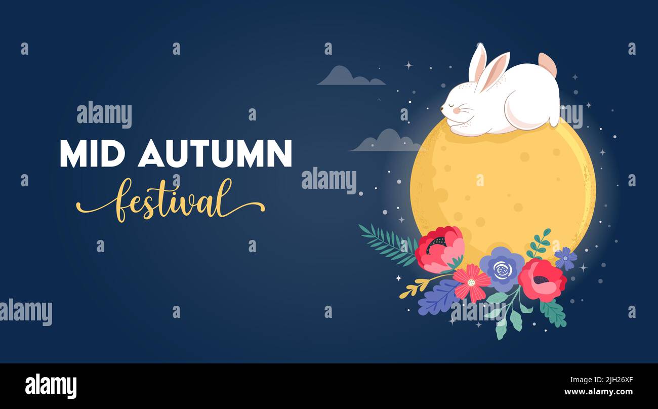 Mid Autumn Festival Concept Design with Cute Rabbits, Bunnies and Moon ...