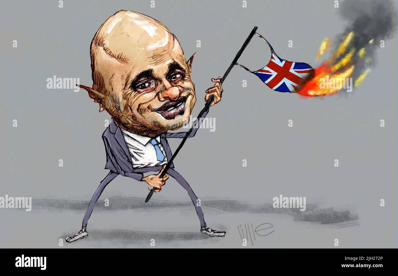 Satire style cartoon caricature of Conservative MP Sajid Javid, Member of Parliament for Bromsgrove former Secretary of State for Health & Social Care Stock Photo