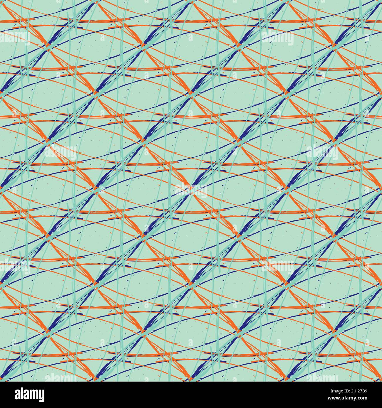 Abstract painterly lattice weave seamless vector pattern Fine brush interlocking woven background. Blue orange grid wire net backdrop. Overlapping Stock Vector