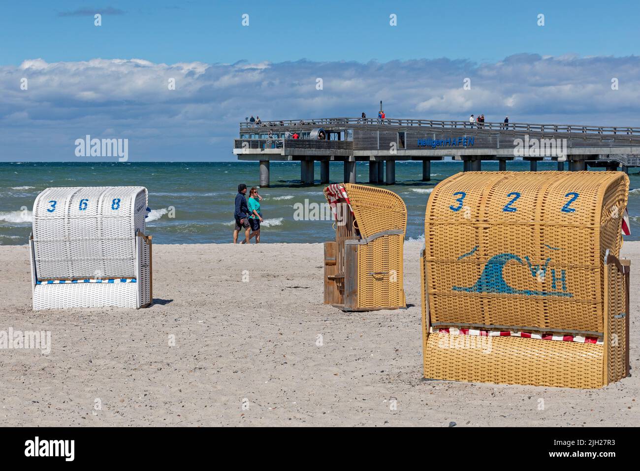 Pier, beach chairs, Steinwarder Peninsula, Heiligenhafen, Schleswig-Holstein, Germany Stock Photo