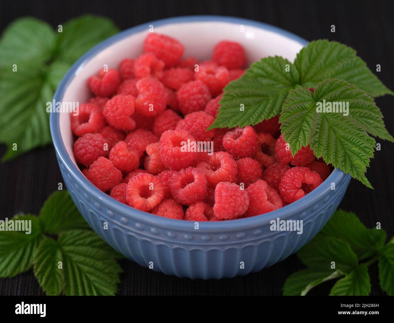 Fresh organic raspberries in a bowl. Low key. Close up. Stock Photo