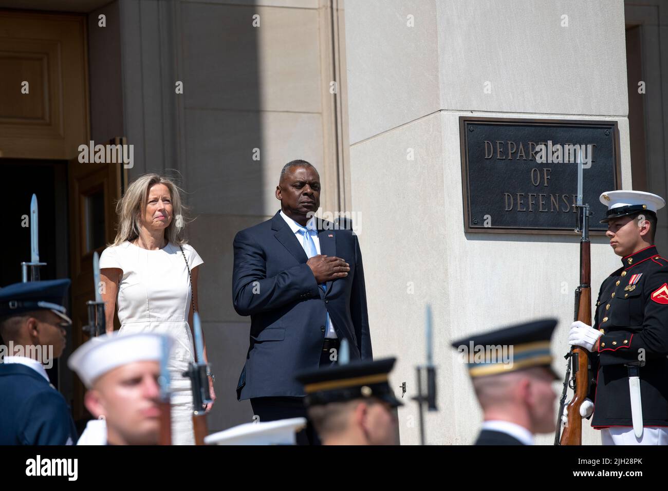 Arlington, United States Of America. 13th July, 2022. Arlington, United States of America. 13 July, 2022. U.S. Secretary of Defense Lloyd J. Austin III, right, stands with Dutch Defense Minister Kajsa Ollongren, during the arrival ceremony at the Pentagon, July 13, 2022 in Arlington, Virginia. Credit: Lisa Ferdinando/DOD/Alamy Live News Stock Photo