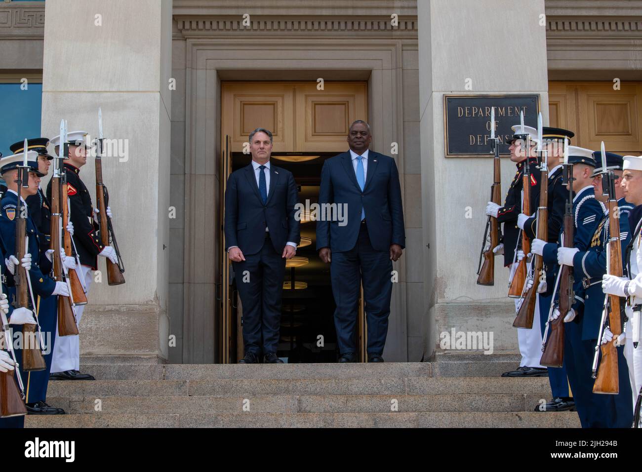 Arlington, United States Of America. 13th July, 2022. Arlington, United States of America. 13 July, 2022. U.S. Secretary of Defense Lloyd J. Austin III, right, stands with Australian Deputy Prime Minister and Defense Minister Richard Marles on arrival at the Pentagon, July 13, 2022 in Arlington, Virginia. Credit: MC2 James K Lee/DOD/Alamy Live News Stock Photo