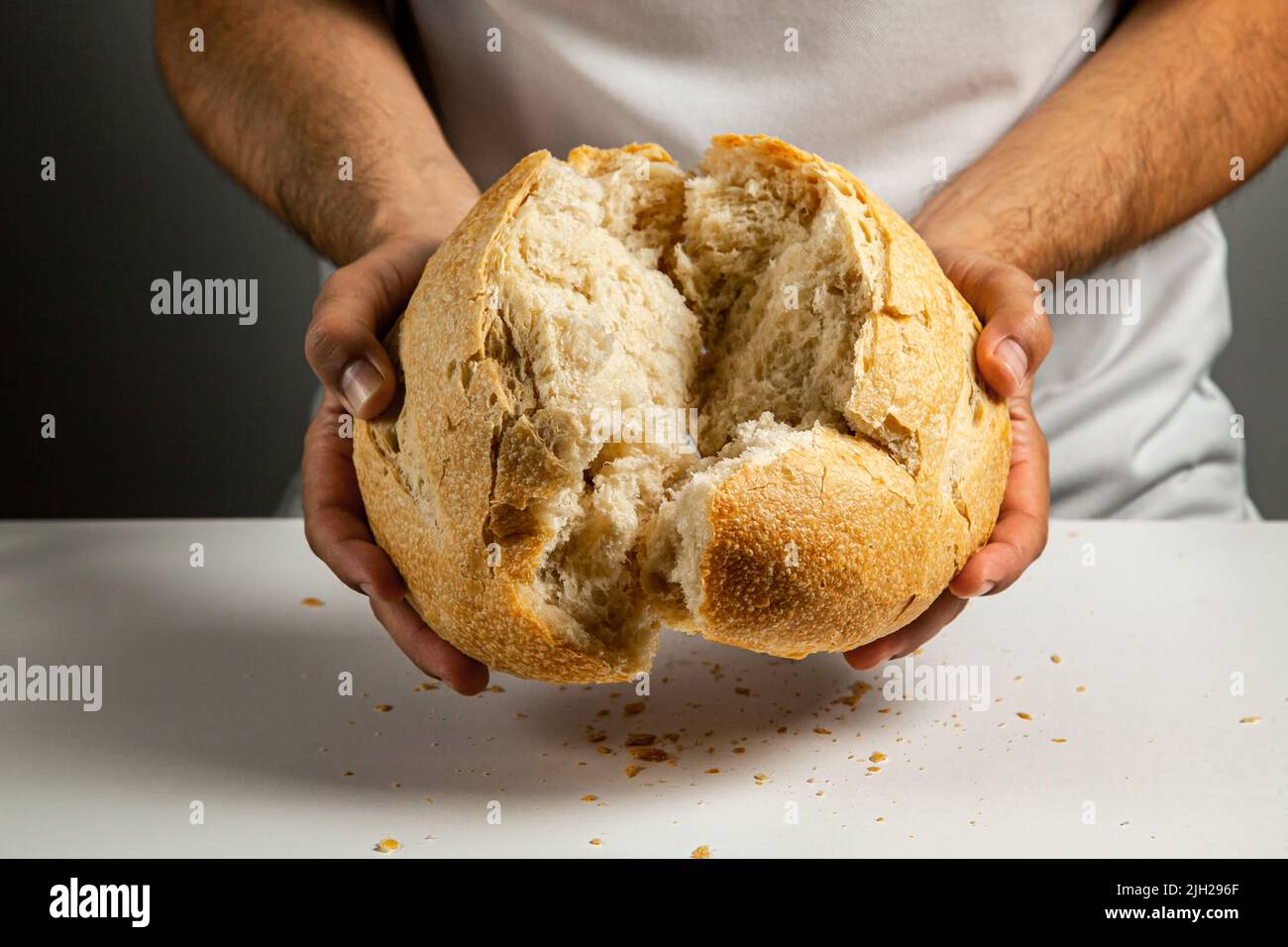 Mens hands break a loaf of round wheat bread made with sourdough